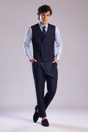 Linen Double-Breasted Vest with V Neck in Midnight Blue