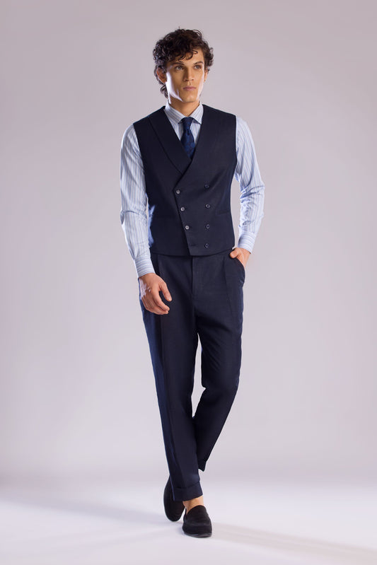 Linen Double Breasted Vest with Shawl Lapel in Midnight Blue