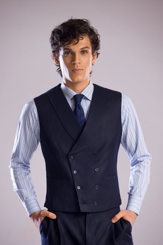 Linen Double Breasted Vest with Shawl Lapel in Midnight Blue