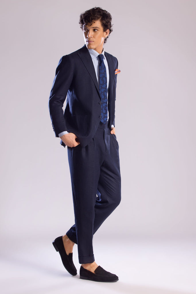 2-piece Linen Suit With Peak Lapel In Midnight Blue