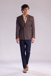 Brown Pinstripe Double-Breasted Sport Jacket in Linen, Cashmere & Silk