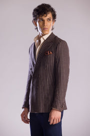 Brown Pinstripe Double-Breasted Sport Jacket in Linen, Cashmere & Silk