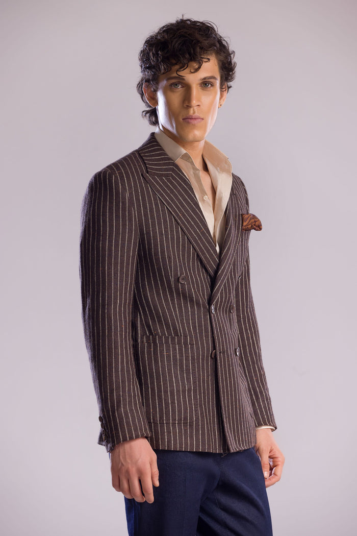 Brown Pinstripe Double-Breasted Sport Jacket in Linen, Cashmere & Silk