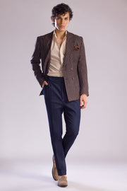 Brown Pinstripe Double-Breasted Sport Jacket in Linen, Cashmere & Silk