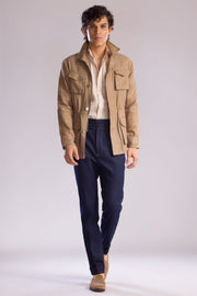 Linen Safari Overshirt with Zip & Button Closure and Patch Pockets