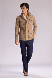 Linen Safari Overshirt with Zip & Button Closure and Patch Pockets