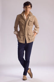 Linen Safari Overshirt with Zip & Button Closure and Patch Pockets