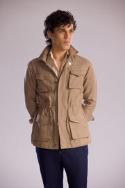 Linen Safari Overshirt with Zip & Button Closure and Patch Pockets