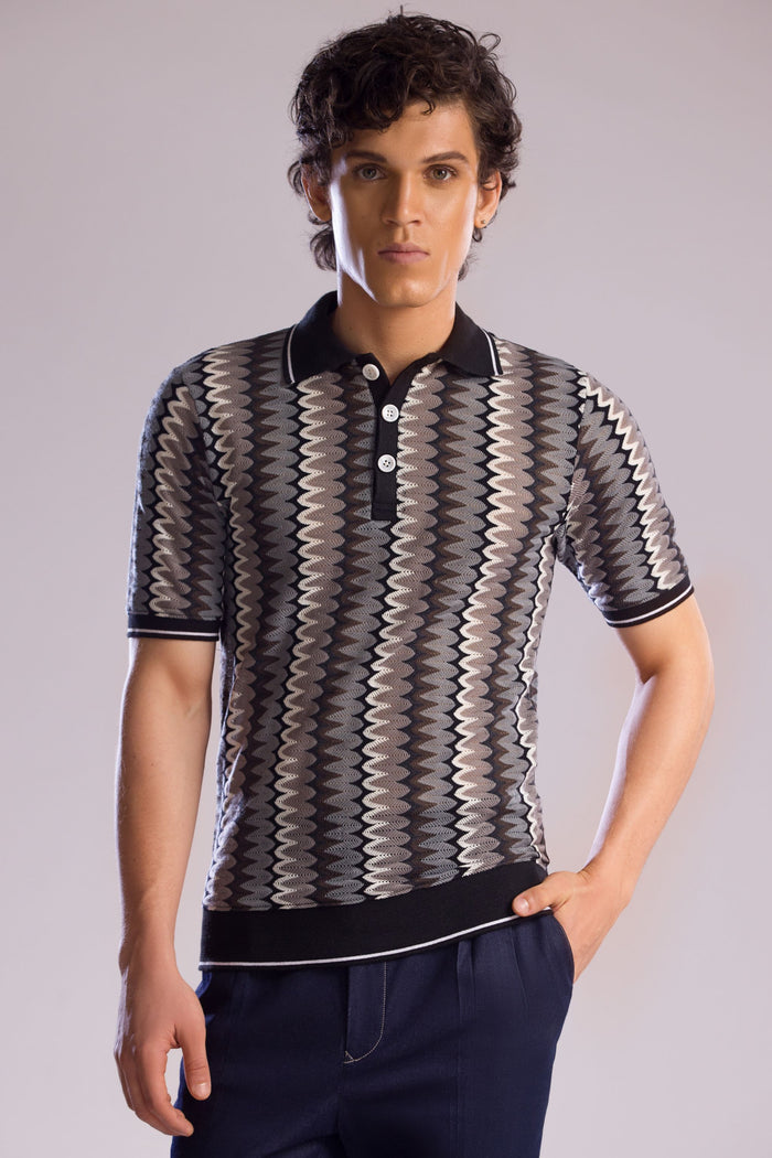 Jacquard Knit Polo Shirt with Zig-zag Pattern