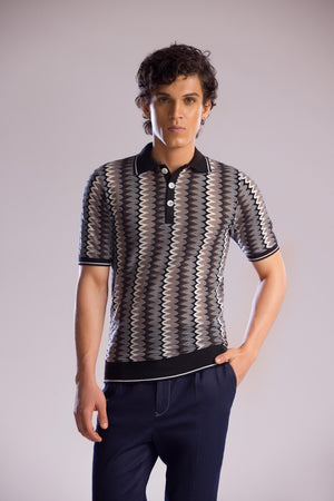 Mohtaram - Jacquard Knit Polo Shirt with Zig-Zag Pattern