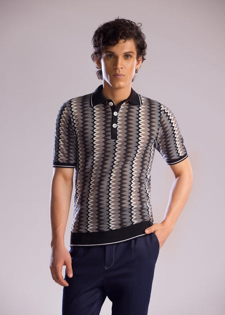 Mohtaram - Jacquard Knit Polo Shirt with Zig-Zag Pattern
