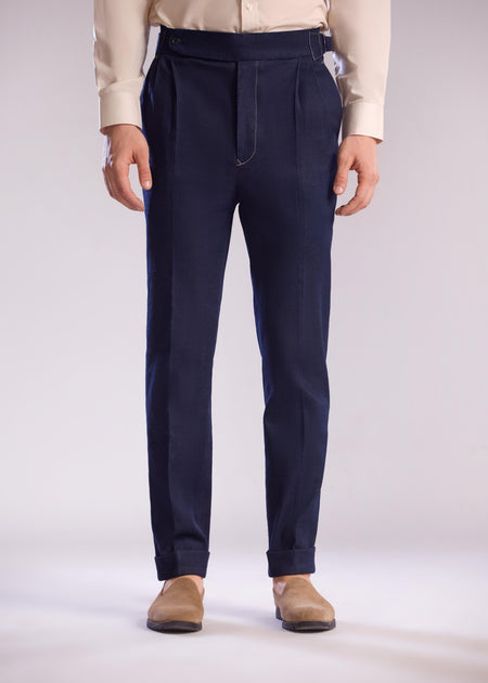Pleated Tailored Slacks in Denim by Mohtaram