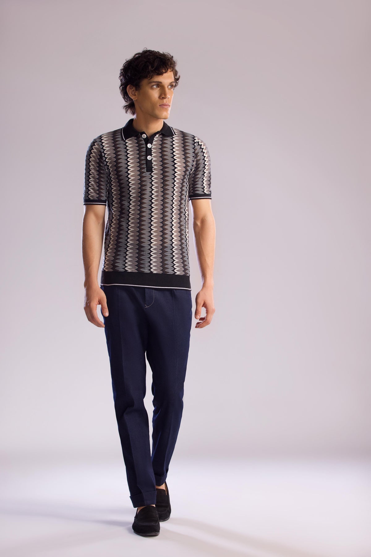 Jacquard Knit Polo Shirt with Zig-Zag Pattern | Mohtaram