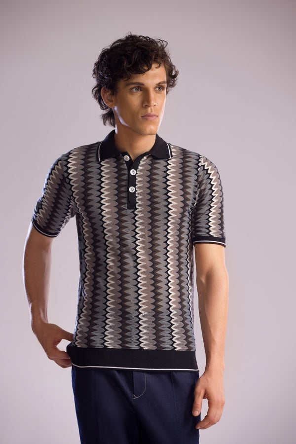 Mohtaram - Jacquard Knit Polo Shirt with Zig-Zag Pattern