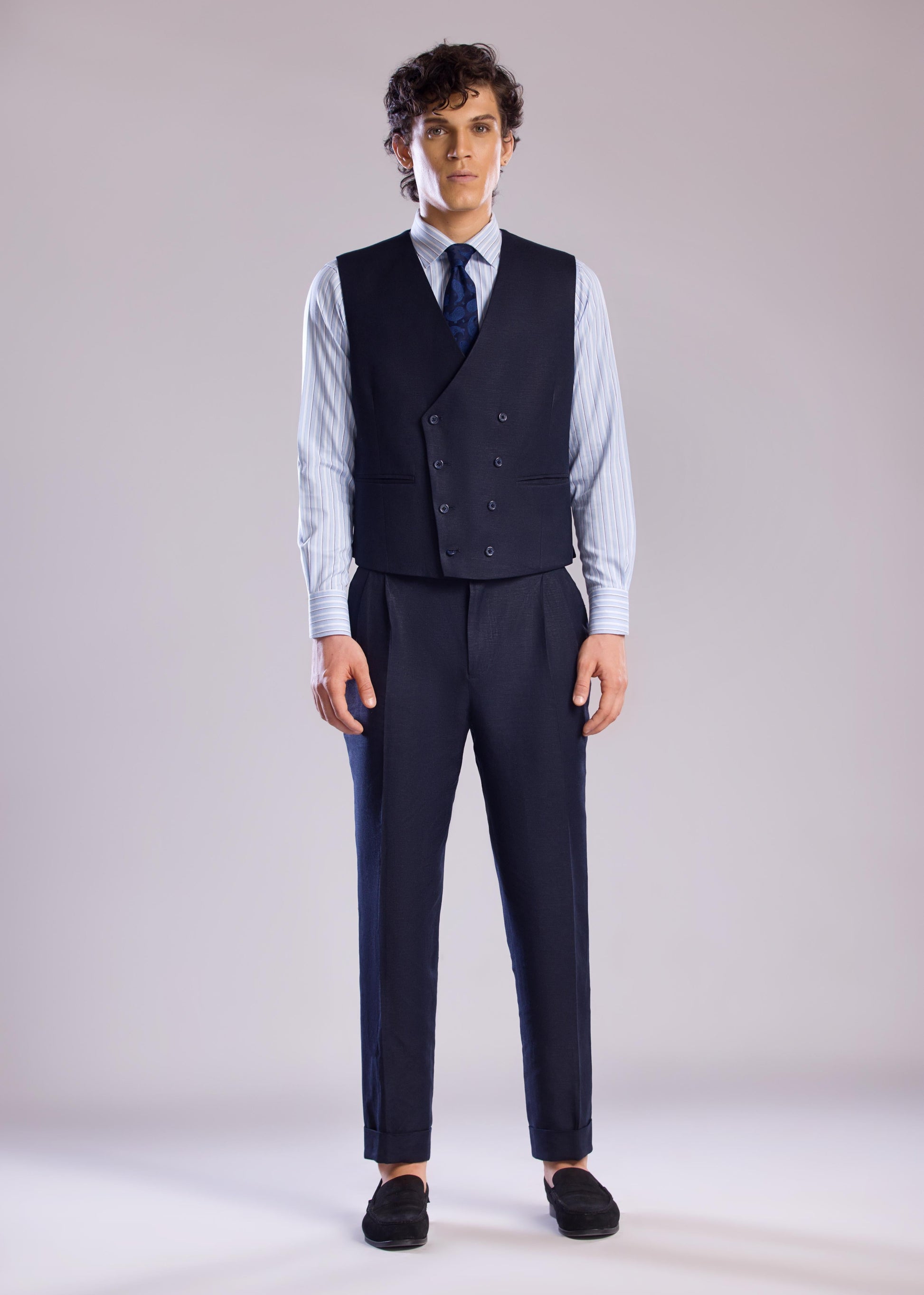Mohtaram - Linen Double-Breasted Vest with V Neck in Midnight Blue
