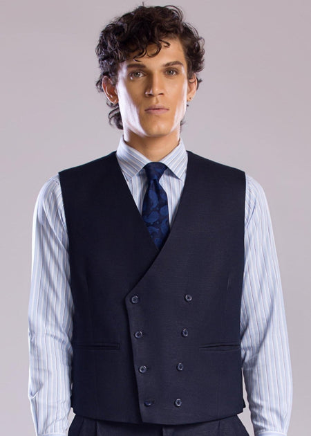 Mohtaram - Linen Double-Breasted Vest with V Neck in Midnight Blue