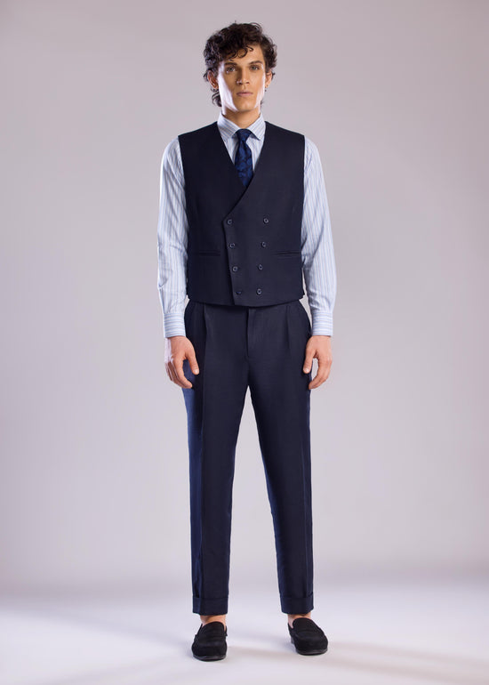 Mohtaram - Linen Double-Breasted Vest with V Neck in Midnight Blue