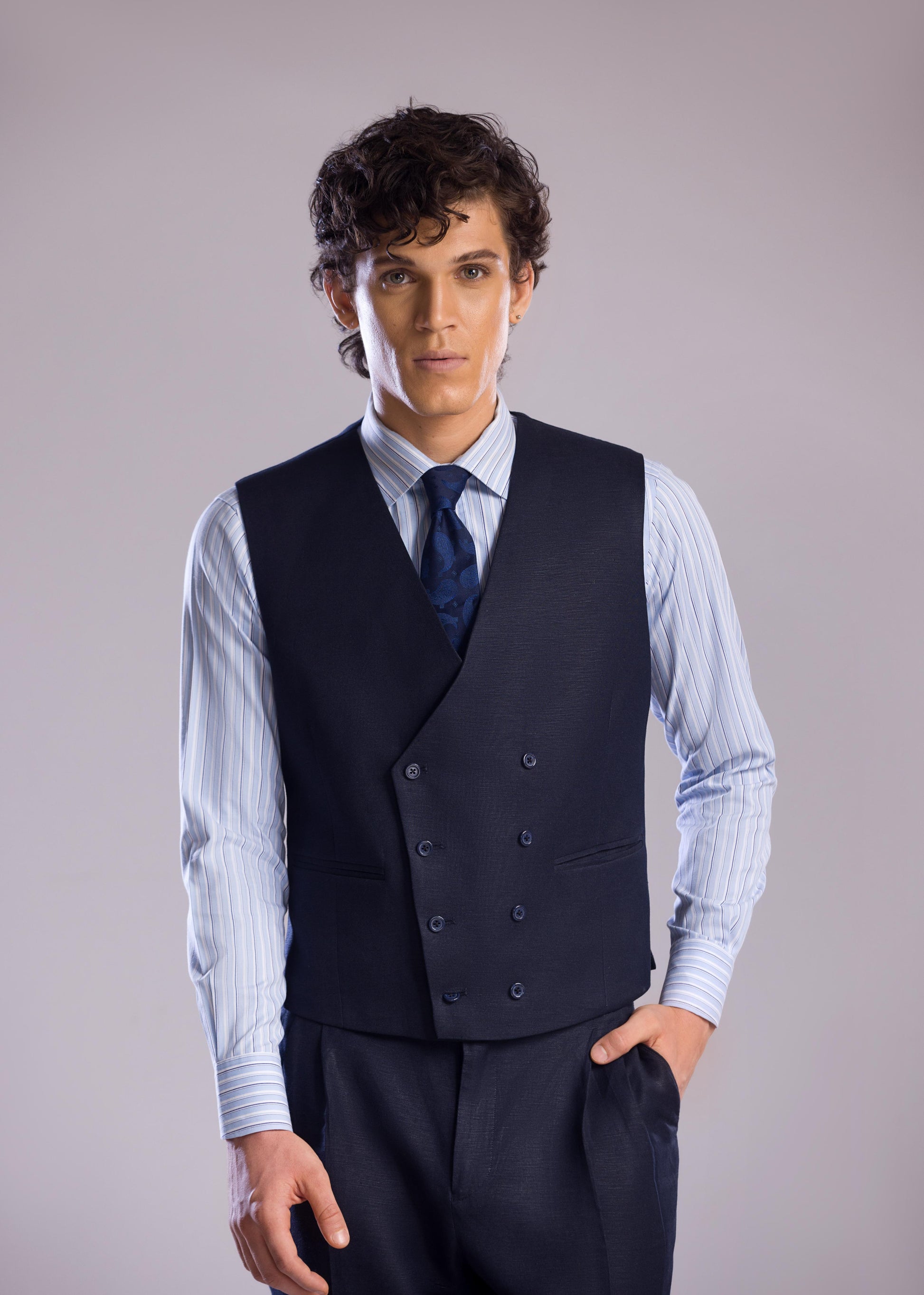 Mohtaram - Linen Double-Breasted Vest with V Neck in Midnight Blue