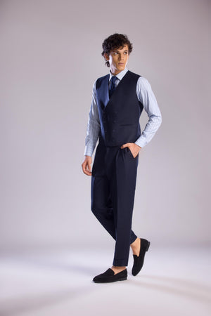 Mohtaram - Linen Double-Breasted Vest with V Neck in Midnight Blue