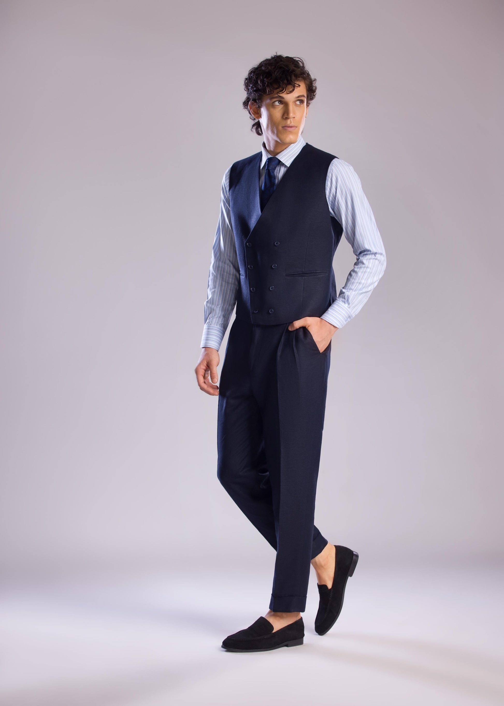 Mohtaram - Linen Double-Breasted Vest with V Neck in Midnight Blue