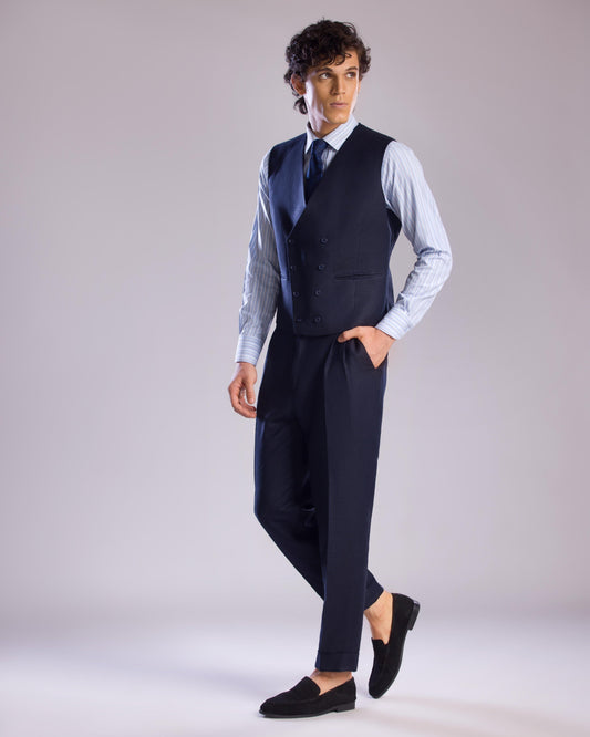 Mohtaram - Linen Double-Breasted Vest with V Neck in Midnight Blue