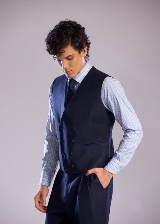 Mohtaram - Linen Double-Breasted Vest with V Neck in Midnight Blue