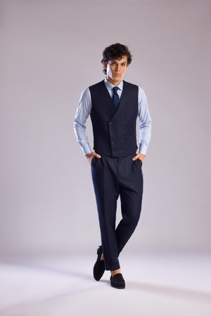 Mohtaram - Linen Double-Breasted Vest with V Neck in Midnight Blue