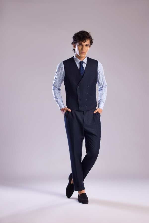 Mohtaram - Linen Double-Breasted Vest with V Neck in Midnight Blue
