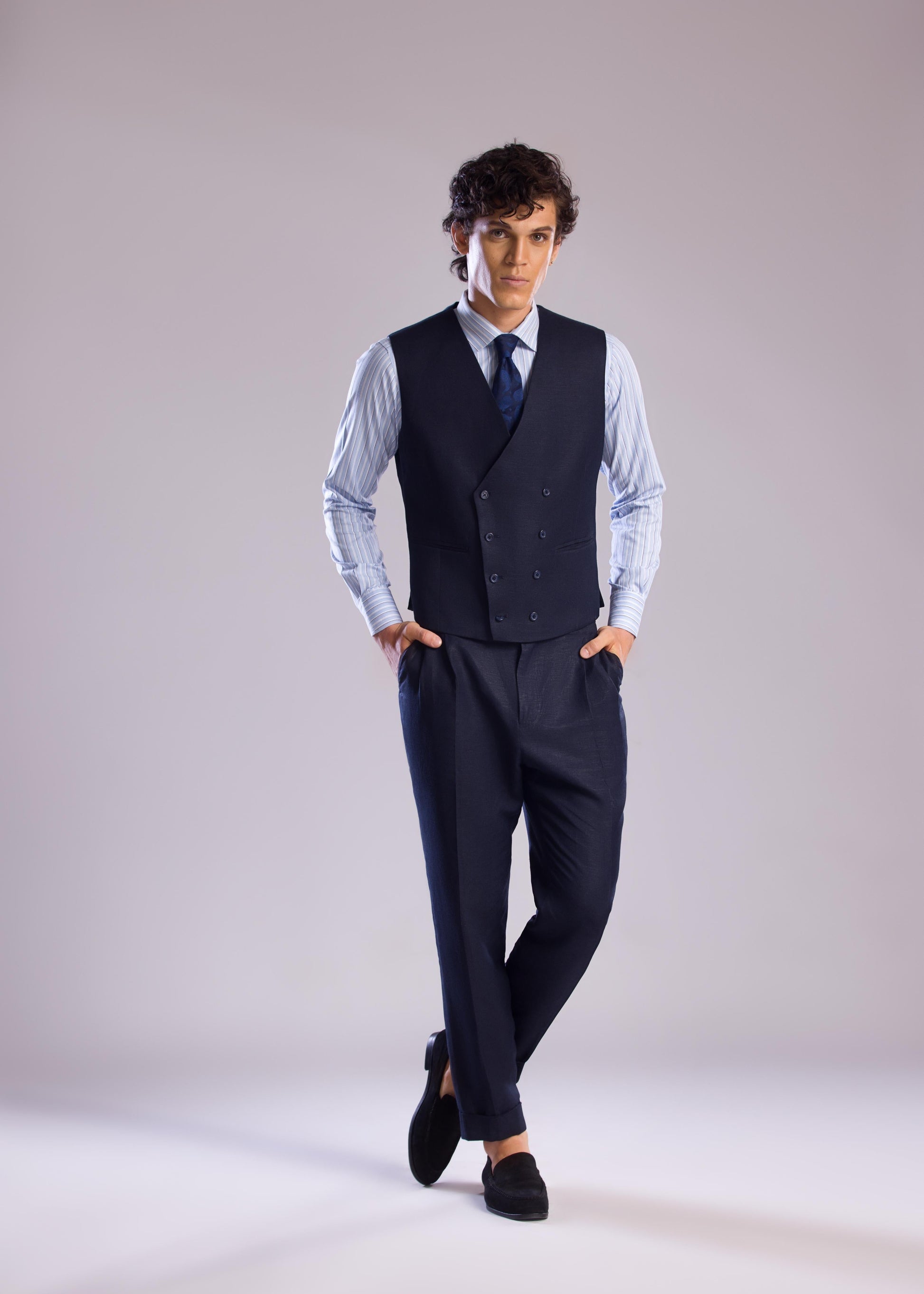 Mohtaram - Linen Double-Breasted Vest with V Neck in Midnight Blue