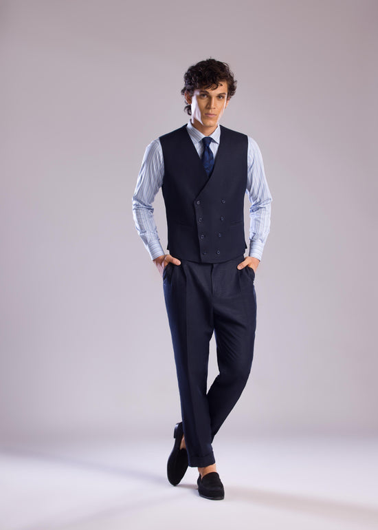 Mohtaram - Linen Double-Breasted Vest with V Neck in Midnight Blue