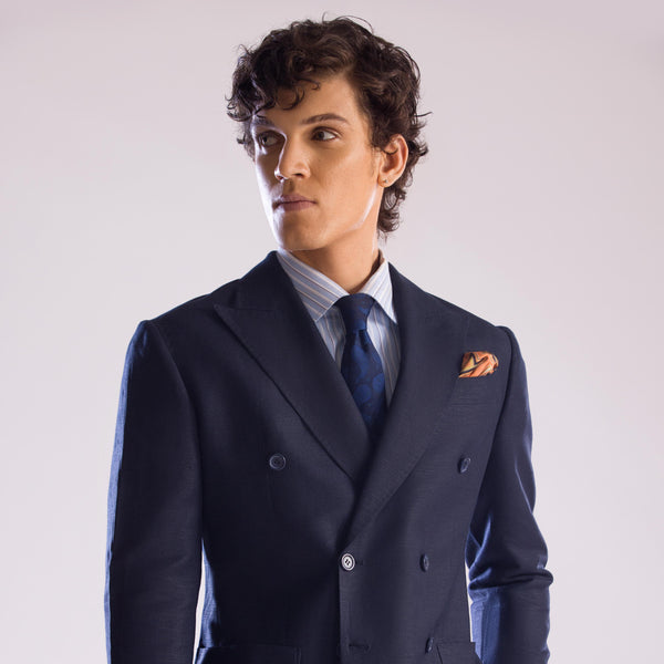 Mohtaram - Linen Double Breasted Suit in Midnight Blue