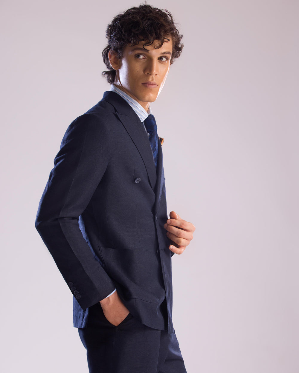 Mohtaram - Linen Double Breasted Suit in Midnight Blue