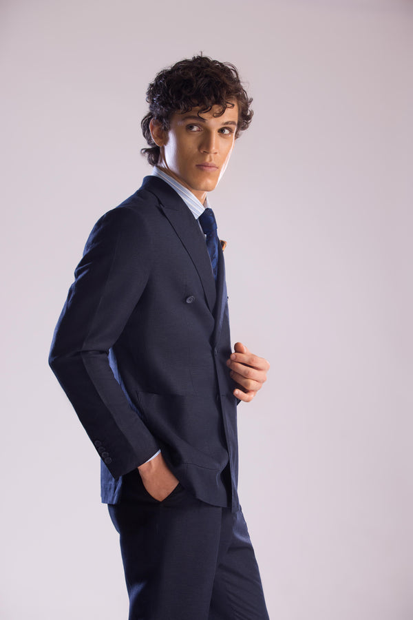 Mohtaram - Linen Double Breasted Suit in Midnight Blue