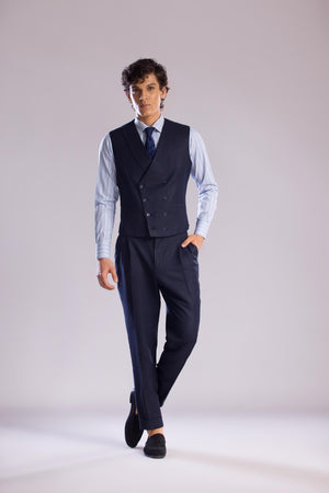 Mohtaram - Linen Double Breasted Vest with Shawl Lapel in Midnight Blue