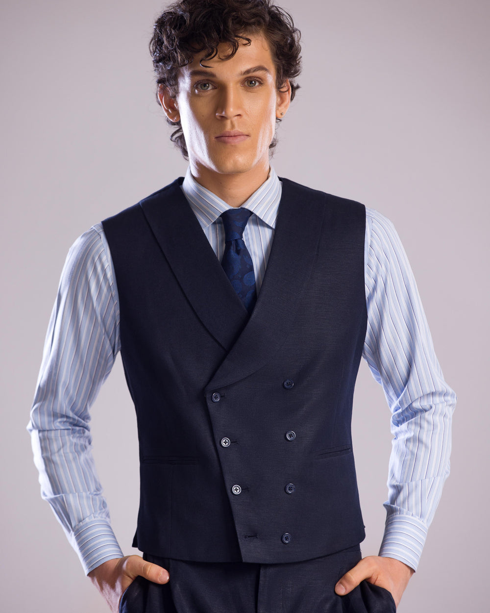 Mohtaram - Linen Double Breasted Vest with Shawl Lapel in Midnight Blue