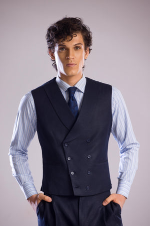Mohtaram - Linen Double Breasted Vest with Shawl Lapel in Midnight Blue