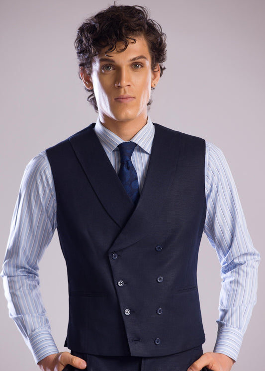 Mohtaram - Linen Double Breasted Vest with Shawl Lapel in Midnight Blue
