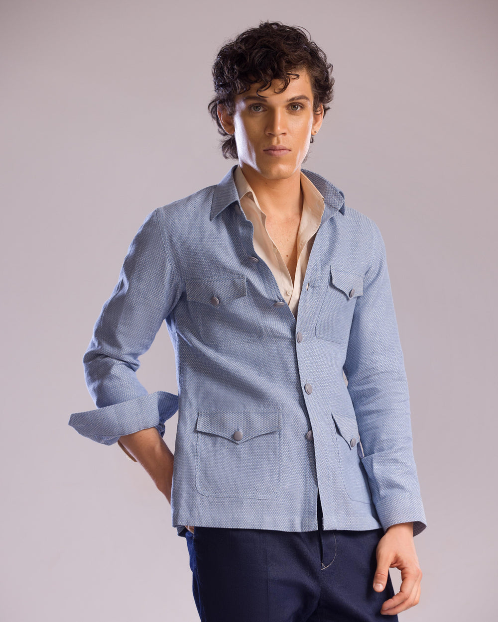 Linen Safari Overshirt in Sky Blue