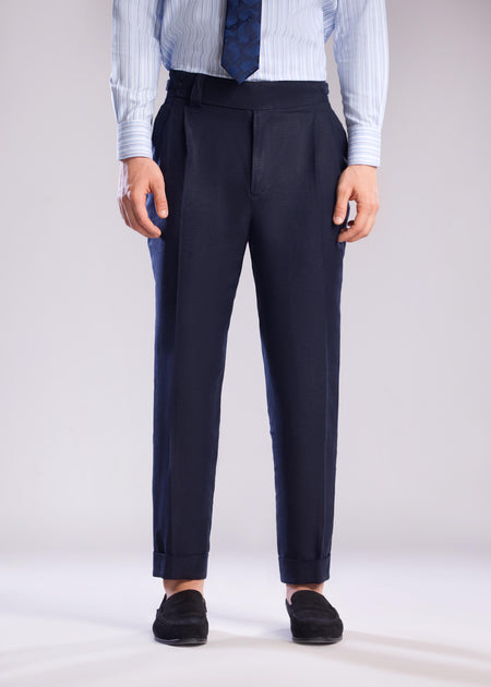 Mohtaram - Mid-Rise Linen Trousers in Midnight Blue