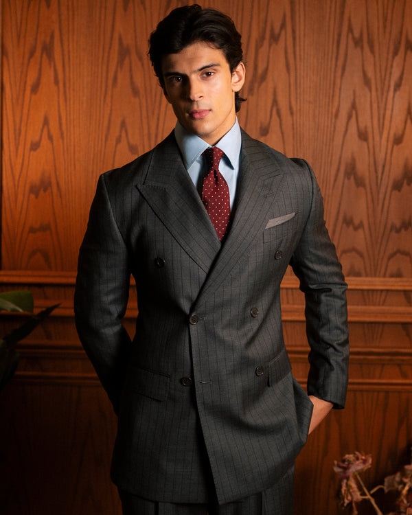 Grey & Charcoal Pinstriped Double-Breasted Jacket by Mohtaram, detail view 1