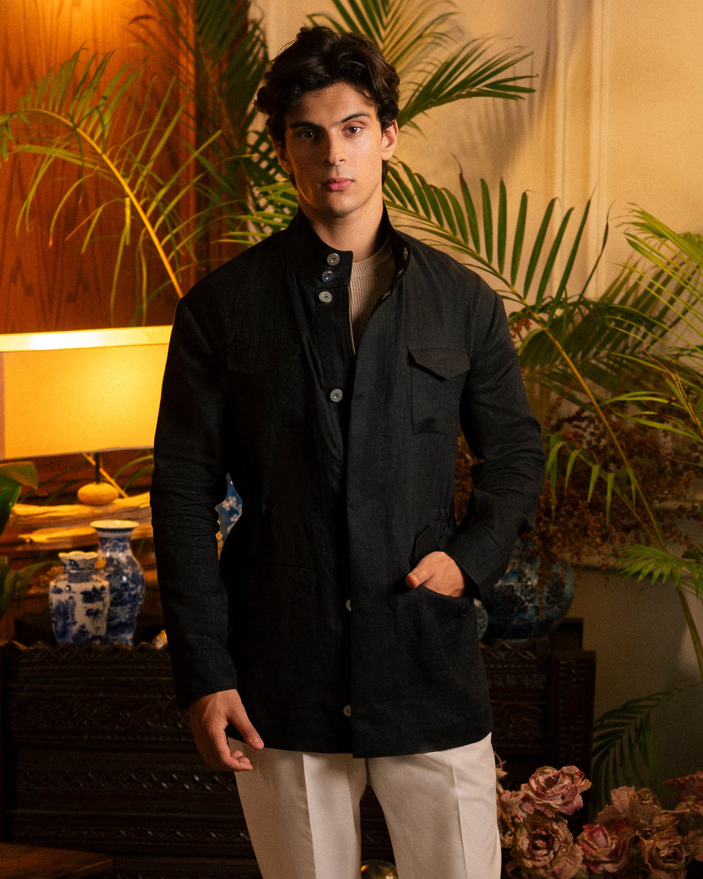 Linen Safari Overshirt in Black