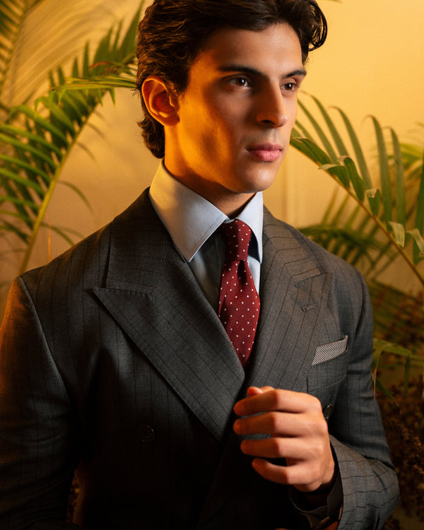 Grey & Charcoal Pinstriped Double-Breasted Jacket by Mohtaram, detail view 3