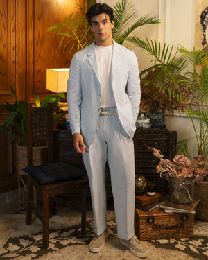 Ice Blue Seersucker Band-Collar Jacket
