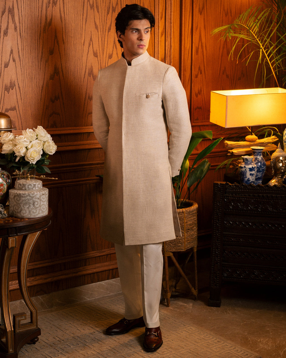 Sherwani in Oatmeal Textured Weave