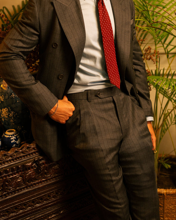 Grey & Charcoal Pinstriped Double-Pleated Trousers by Mohtaram, detail view 2