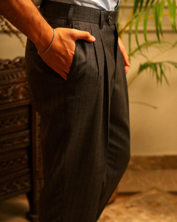 Grey & Charcoal Pinstriped Double-Pleated Trousers by Mohtaram, detail view 1