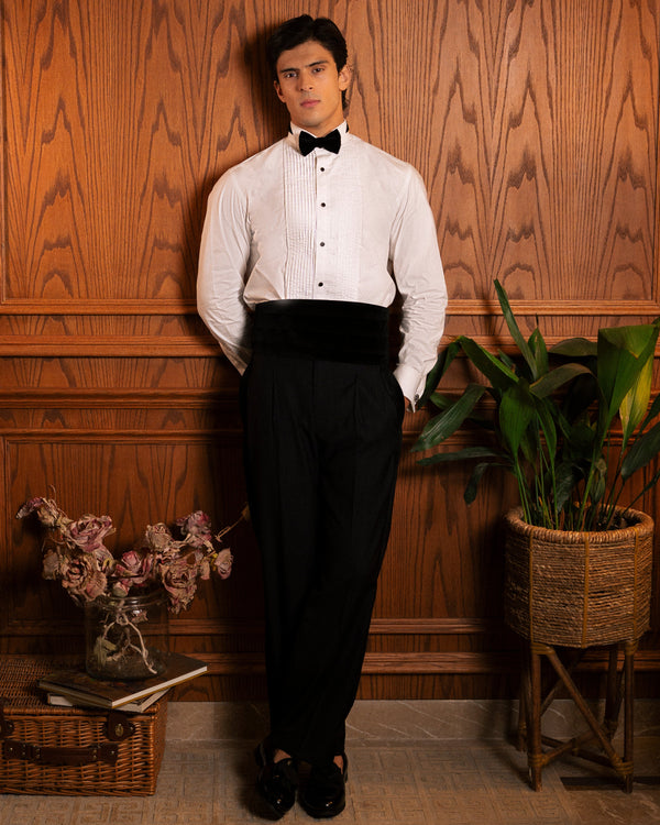 Black High-Rise Pleated Tuxedo Trousers