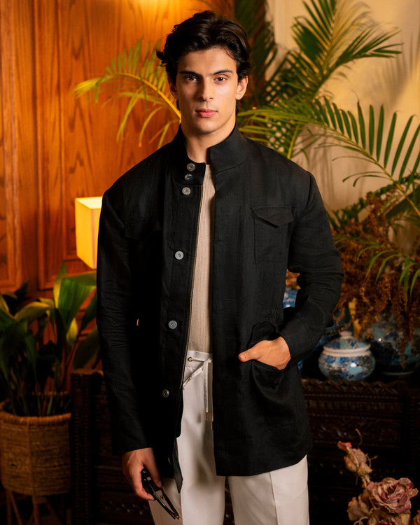 Linen Safari Overshirt in Black