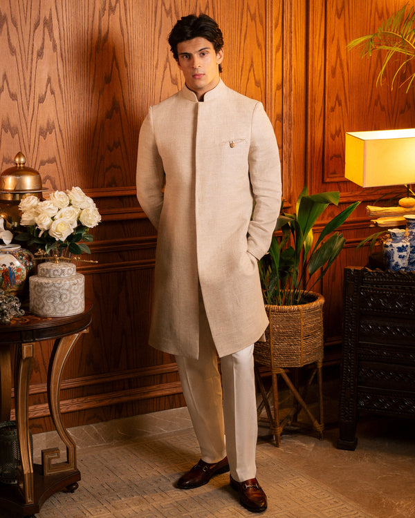 Sherwani in Oatmeal Textured Weave