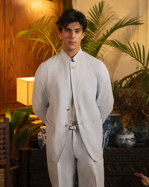 Ice Blue Seersucker Band-Collar Jacket
